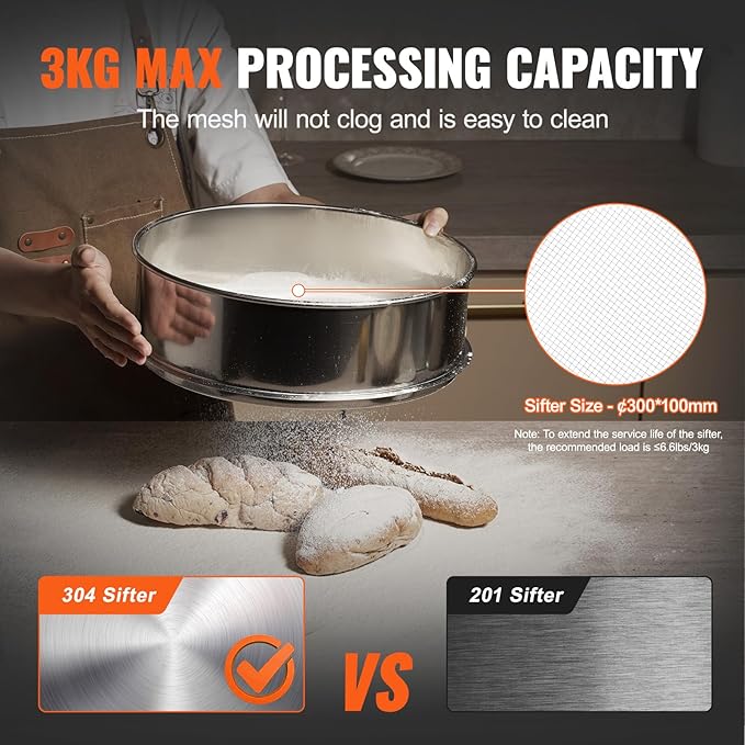 VEVOR Automatic Electric Vibrating Sieve, Stainless Steel Sifter Shaker Machine with 10+60 Mesh, 45W Automatic Powder Sifter Machine Countertop, Electric Sieve Shaker for Flour Powers, Mungbean, Rice