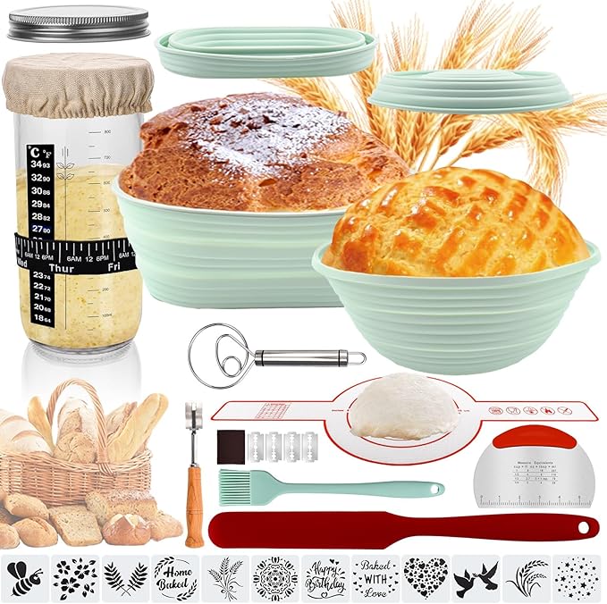 Banneton Bread Proofing Basket Sourdough Starter Kit, 34oz Sourdough Jar, 2 Silicone Proofing Bowls, Bread Sling Mat, Silicone Spatula, Dough Whisk, Complete Bread Making Kit (GREEN)