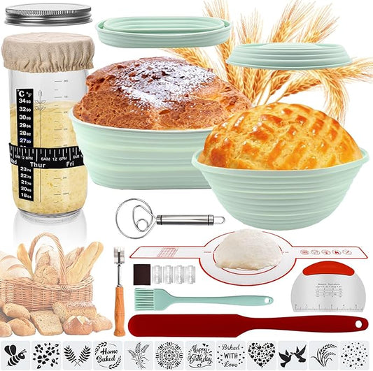 Banneton Bread Proofing Basket Sourdough Starter Kit, 34oz Sourdough Jar, 2 Silicone Proofing Bowls, Bread Sling Mat, Silicone Spatula, Dough Whisk, Complete Bread Making Kit (GREEN)
