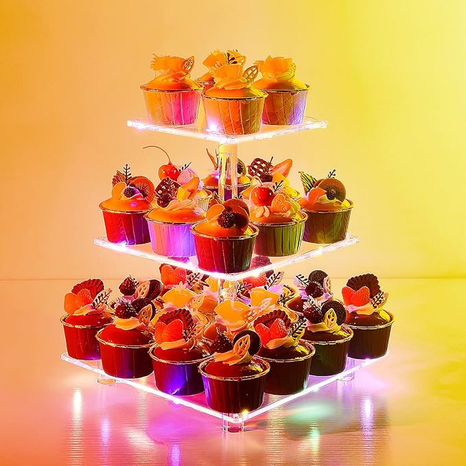Cupcake Stand, 3-Tier Cupcake Holder with LED light String, Cupcake Stand for 24 Cupcakes-Dessert Tower-Pastry Stand-Cupcake Tier Stand for Wedding, Birthday party ( Colorful Light)