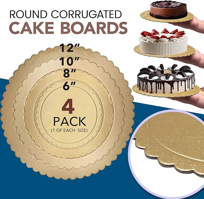 4 Pack Cake Boards Golden Round Cake Circles 6, 8, 10, 12 Inch Cake Base Cardboard, 1 of Each Size Set for Baking Cake, Gold