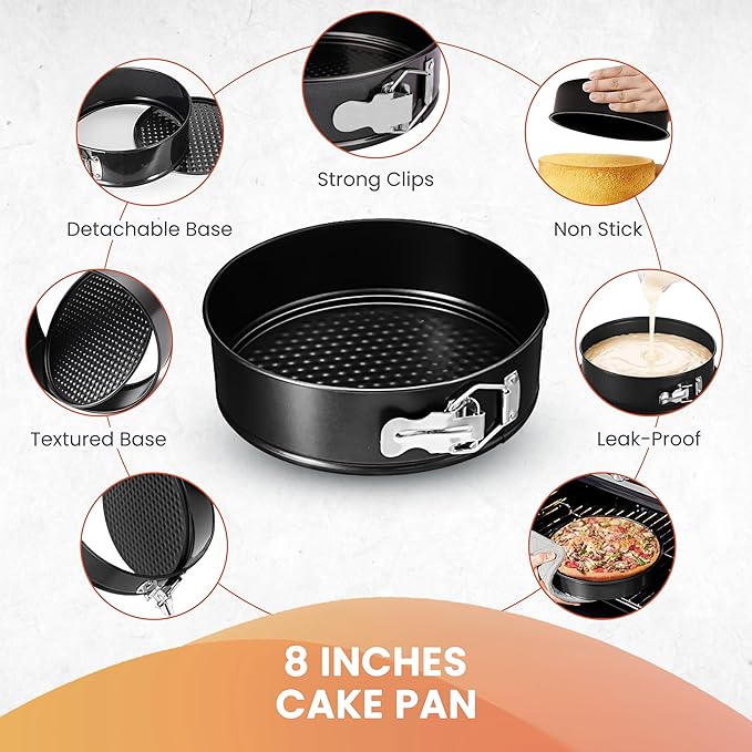 RFAQK Ultimate 8-inch Springform Cake Pan Set with Removable Bottom- Leakproof Non-stick Round Baking Pan with 50Pcs Parchment Papers Perfect for Cheesecakes, Sponge Cakes & More- Bonus E-Book!