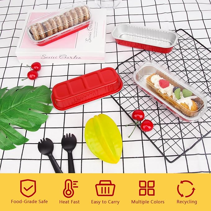 LNYZQUS Disposable Mini Cake Pans with Lids 100 Pack, 6.8oz Rectangle Mini Loaf Pan Baking Cups Muffin Tin,Aluminum Foil Cupcake Baking Tins Containers for Christmas New Year-Red