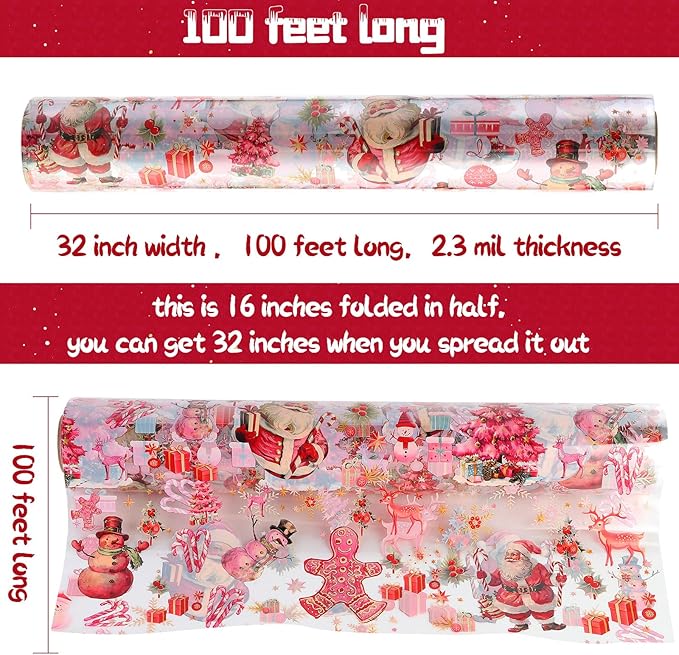 Kolewo4ever 100 Ft X 32 inch Pink Christmas Cellophane Wrap Roll Vintage Xmas Cellophane Wrap with Special Santa Claus Elk Xmas Tree for Christmas Gift Basket,Treat Wine