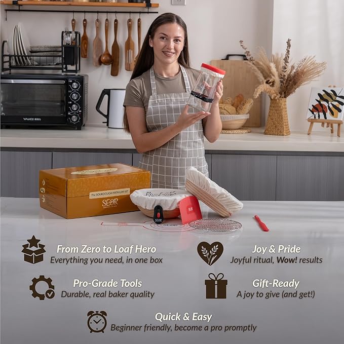 10Pc Premium Sourdough Bread Making Starter Kit; Supplies with Tools for Perfect Sourdough Bread Loaf; Glass Sourdough Starter Fermentation Jar and 2 Sourdough Proofing Baskets