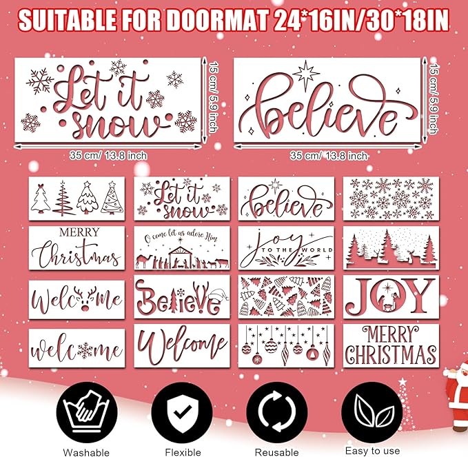 Dunzy 16 Pcs Christmas Stencils for Door Mats Crafts Reusable Merry Christmas Welcome Templates Large Stencil for Painting on Wood Sign Wall Doormat DIY Project
