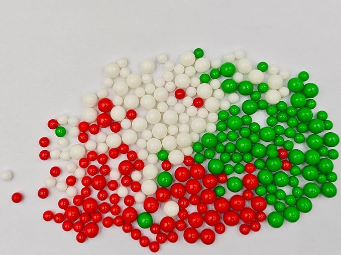 Edible Mixed Christmas 7mm 10mm White Red Green Pearl Sugar Sprinkles, 4.6 oz Candy Pearls Ideal for Baking, Cake Decorating and Cupcake Toppers, Cookie Decoration, Ice Cream Topping