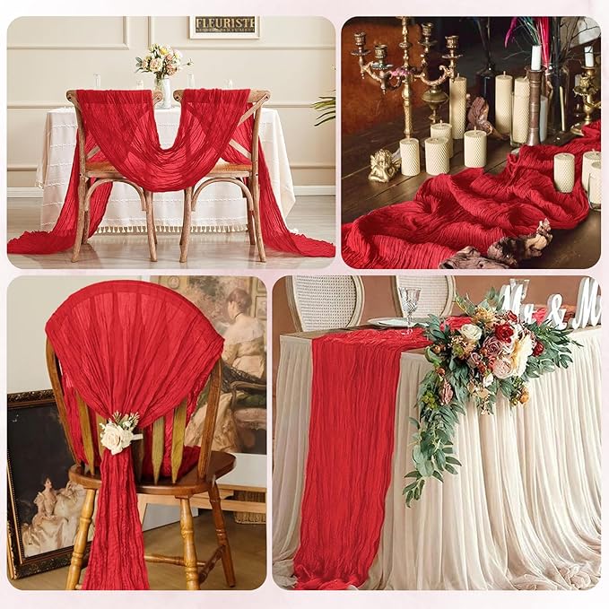 6 Pack Red Cheesecloth Table Runner 17x108 Inch Semi Sheer Boho Gauze Cheese Cloth Fabric Table Runners, for Wedding Party Baby Shower Birthday Home Decor Garden Farmhouse
