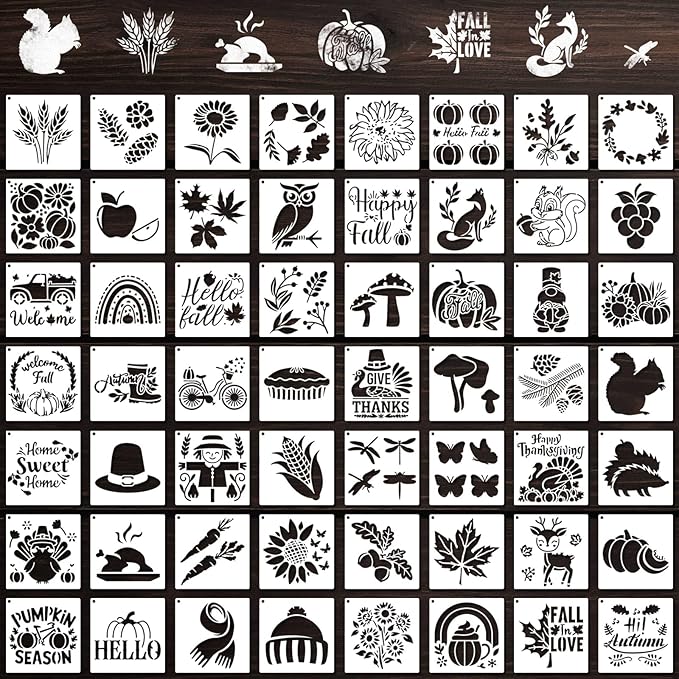 56 Pcs Fall Stencils for Crafts Reusable 3x3 Inch Small Painting Templates on Wood DIY Thanksgiving Autumn Holiday Canvas Fabric Home Decoration