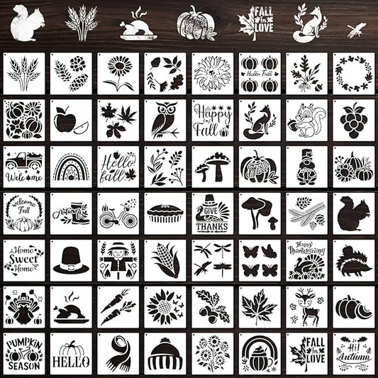 56 Pcs Fall Stencils for Crafts Reusable 3x3 Inch Small Painting Templates on Wood DIY Thanksgiving Autumn Holiday Canvas Fabric Home Decoration