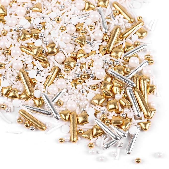 Gold Sprinkles for Cake Decorating 3.5 Ounces, Edible Gold White Silver Sprinkles for Cupcake Topper, Cookiess, Perfect for Wedding, New Year’S Eve Party