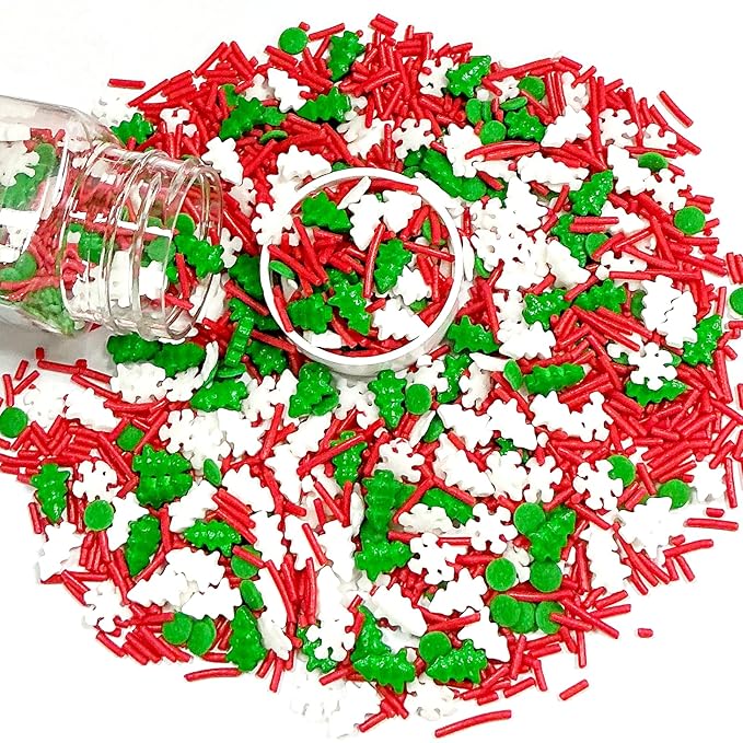 Homipooty Christmas Tree Sprinkles for Cake Decorating 100g/3.5oz Mix of Red and Green Holiday Sprinkles with White Snowflakes Jimmies for Cupcake Toppers Cookie Ice Cream Decorations Celebrations