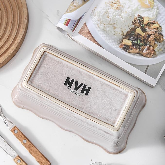HVH Ceramic Loaf Pan for Baking Bread, Rectangular Baking Bread Loaf Pan, 9 x 5 inch Bread Pan, Bread Baking Pan for Cooking, Wave Series, Farmhouse Style (Sand Color)