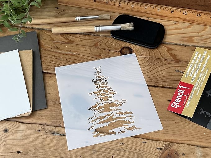 Stencil1 Snowy Pine Christmas Tree Stencil – Reusable Winter Template for DIY Crafts, Holiday Decor, Painting on Wood, Fabric, Cards & More - 5.75" x 6"