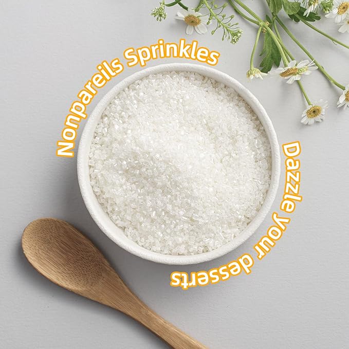 Sujoygar White Saning Sugar Sprinkles, 5oz Edible White Sugar Crystals for Cocktails, Cake Sprinkles for Chocolate Ice Cream Toppings Cupcake Decoration Wedding Party Cookies Baking Dessert Food Supplies