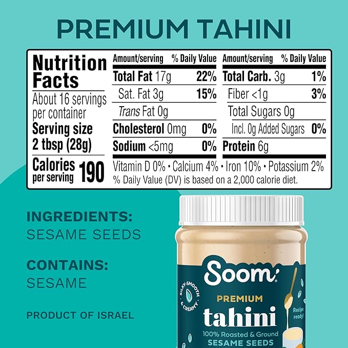 Soom Foods Ground Premium Sesame Tahini Paste 16oz (1 Pack) | Silky Smooth Texture in Hummus, Dips, Dressings | Vegan, Nut-Free, Gluten-Free, Kosher, Keto, Paleo, Whole30