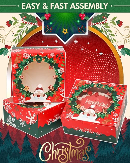 qiqee Christmas 10x10x5 Cake Box, 4 Sets Christmas Cake Box with Window ＆ 4 Sets 10 Inch Santa Cake Round Boards, 10 Inch Cake Containers