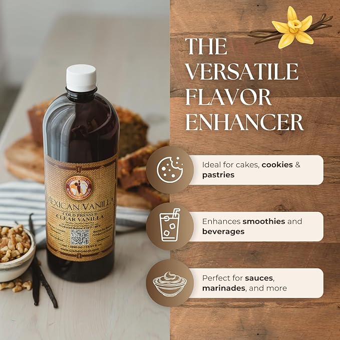 Pure Clear Mexican Vanilla Extract (33.81 fl oz)– Gluten-Free, Coumarin-Free Vanilla for Baking, Cakes, Cookies, Coffee & Desserts – Cold Pressed, Natural Vanilla