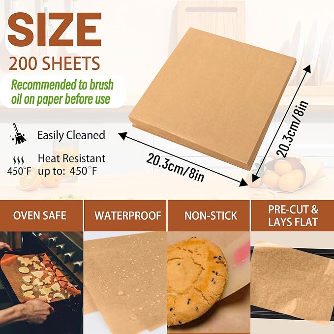 200 Pcs Parchment Paper Baking Sheets, 8"x8" Precut Non-Stick Baking Parchment Paper Sheets Bun Sheet Pan Liners.Baking Grilling Air Fryer Steaming Bread Cup Cake Cookie (Brown-8"x8")