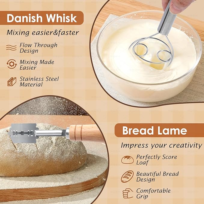 Soudough bread baking supplies, Upoomart Banneton Bread Proofing Basket Set of 2, 9 Inch Round & 10 Oval Cane, 34oz Sourdough Starter Jar Kit, Dough Scraper Linen Liner