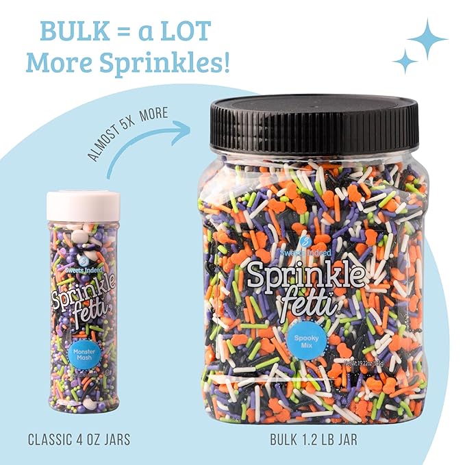 Sweets Indeed Bulk Halloween Sprinklefetti Mix – 1.2 lb Jar | Edible Sprinkles in Orange, Purple, Green, White & Black | Bulk Sprinkle Mix for Cookies, Cupcakes, Cakes & Party Desserts