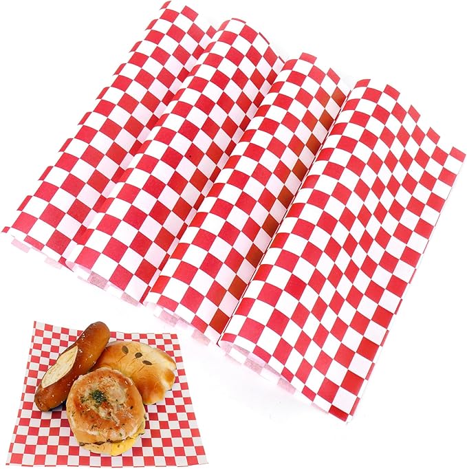 200 Pcs Wax Paper Sheets for Food Deli Wrap Paper Sheets 8.5x8.5"Food Basket Liners Checkered Square Sandwich Wraps for Burgers Bread Restaurant Barbecue Picnic(Red)