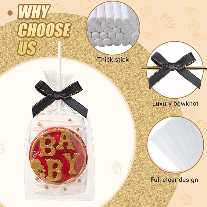 RomanticBaking 50 Sets Clear Rice Krispie Treat Bags with Black Ribbon Bow and Stick & Flat Cellophane Clear Bags for Rice Krispie Treats Gift Giving Bag(Black)
