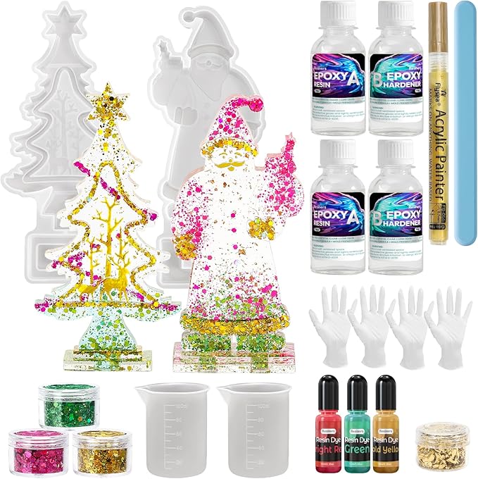 Resiners Christmas Resin Silicone Molds Set,3D Santa,Claus Snowman Christmas Tree DIY Decoration Mold,All-in-One Kit Perfect for Home & Office Desktop Ornaments,Handcrafted Art Displays