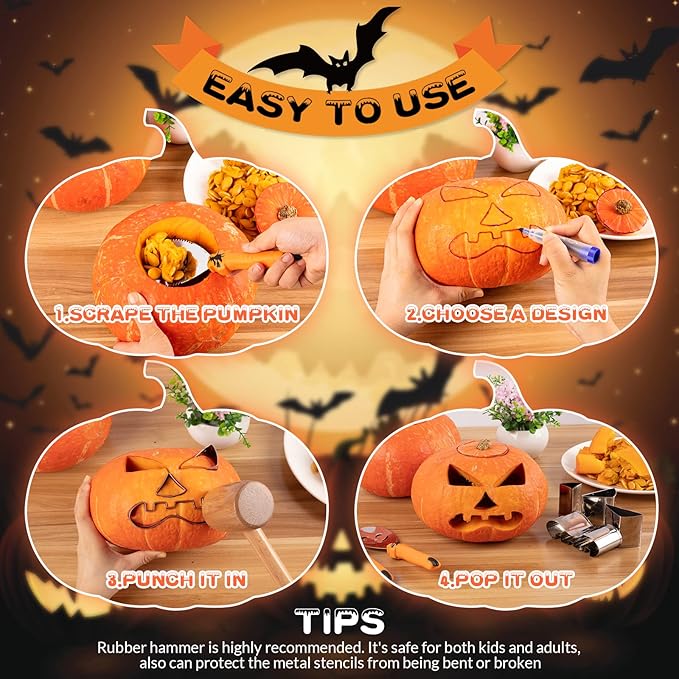 【With Hammer】Pumpkin Carving Kit Halloween, Safe and Easy Pumpkin Carving Set for Kids, DIY Stainless Steel Pumpkin Carving Tools for Halloween Decoration Jack-O-Lanterns, Gift for Halloween