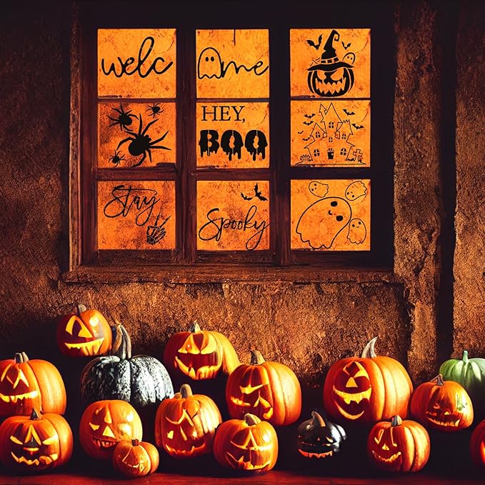 9 Pcs Large Halloween Stencils for Door Mats, Reusable Pumpkin Ghost Bat Painting Crafts, Halloween Stencils for Painting On Doormat Wood Wall Decor (Cute 9)