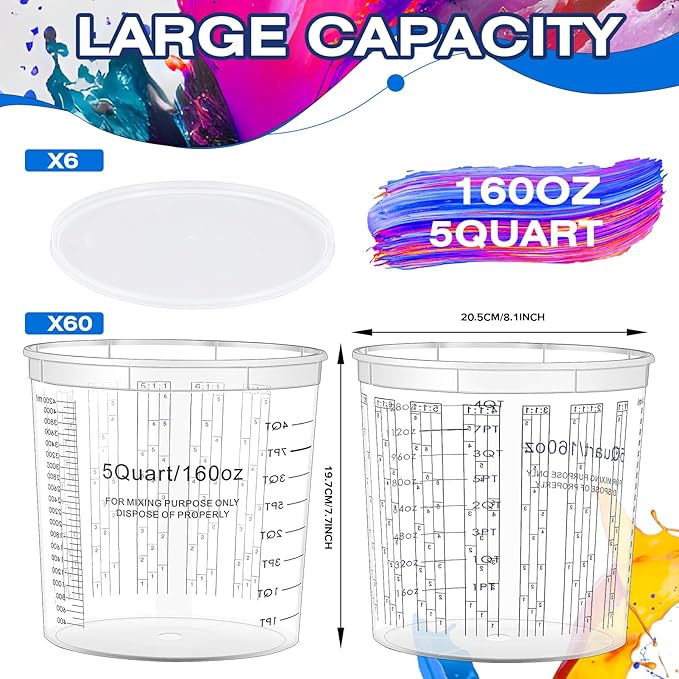 Mifoci 60 Pcs 160 oz Graduated Paint Mixing Cups 5 Quart Disposable Clear Paint Mixing Bucket Plastic Epoxy Measuring Cups with Ratios on Side of Cup for Resin, Epoxy, Art