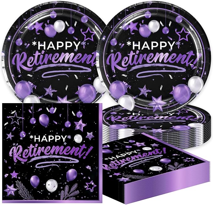 40pcs Retirement Party Decoration,include 20 dessert plate, 20 Napkin,Used for Black Purple Retirement Party Supplies
