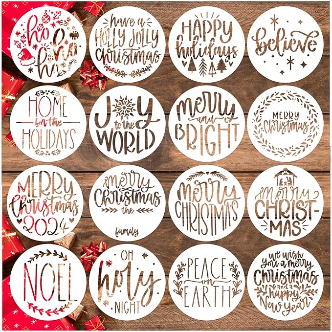 Small Christmas Stencils for Painting on Wood Reusable 4in Round Small Holiday Merry Christmas Stencils Ornaments Stencil for Wood Cards Scrapbook Journal Cookie Glass (16pcs Words 4in Round)