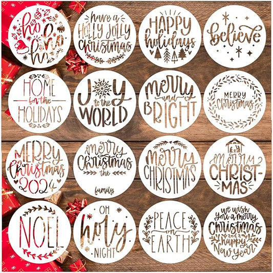 Small Christmas Stencils for Painting on Wood Reusable 4in Round Small Holiday Merry Christmas Stencils Ornaments Stencil for Wood Cards Scrapbook Journal Cookie Glass (16pcs Words 4in Round)