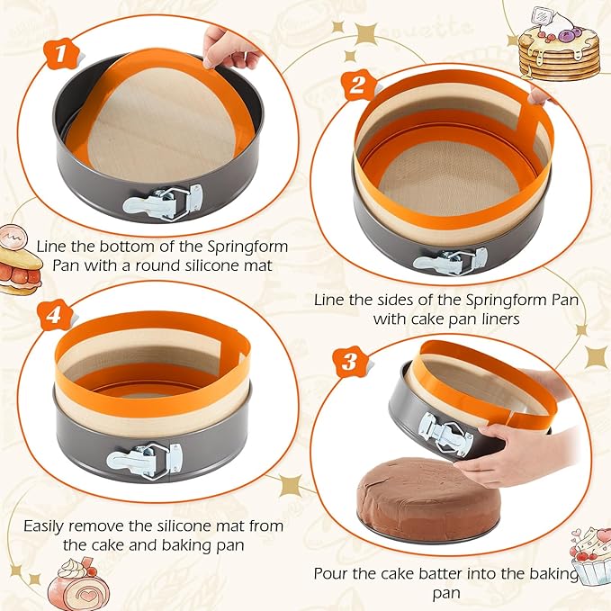 Honeydak 3 Set Silicone Baking Mat for 4, 7, 9 Inch Springform Pan Protector Prevent Cake from Sticking to Bottom and Side Easy Clean Nonstick Silicone Liners for Baking Cheesecake Pan (Orange)