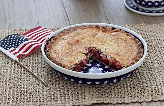 Blue Rose Polish Pottery - Blue Stars Pie Plate - 9.75" Diameter - Ceramic Baking Dish, For Pies, Quiches & Desserts