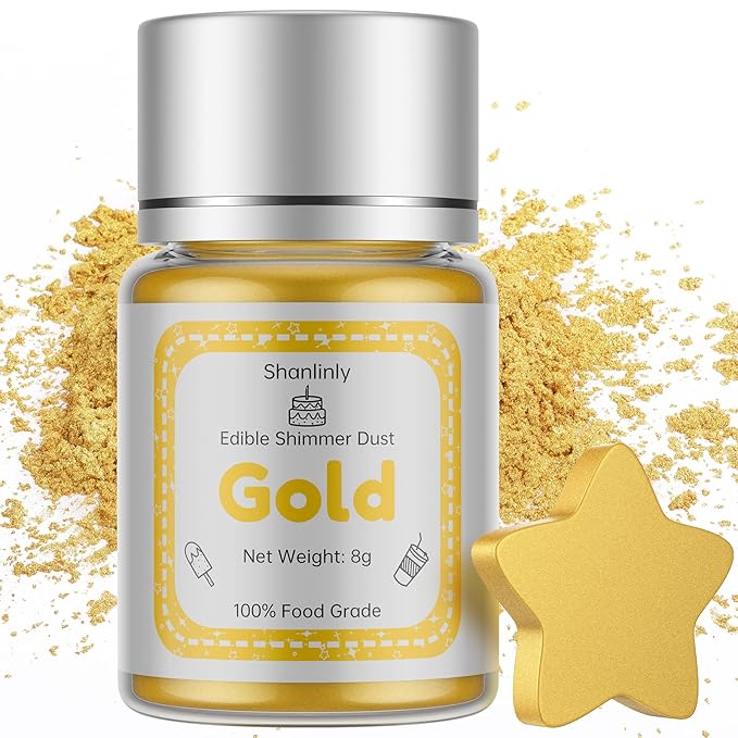 Shanlinly Gold Luster Dust Edible - 8 Grams Food Grade Edible Gold Paint Shimmer Cake Dust, Metallic Drinks Glitter Food Coloring Powder for Cake Decorating, Desserts, Chocolates, Kosher | Vegan