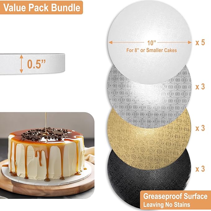 BOARDS+ 14 Pack Cake Drums 10 Inch in White, Black, Silver & Gold Color | Free Prop Up Tools | Fully Greaseproof 1/2" Thick Cake Rounds | Sturdy For Heavy/Tiered Cakes