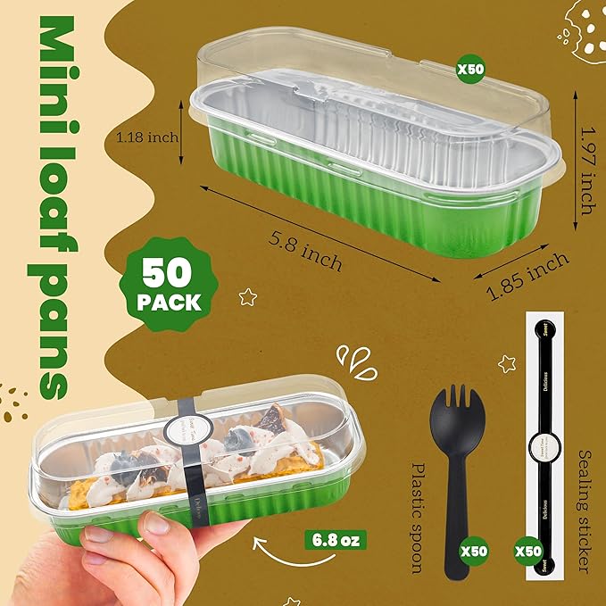 50 PACK Mini Cake Pans with Lids and Spoons, Rectangular Aluminum Foil Bread Pan, Mini Loaf Pans and Food Containers with Lids(Grass Green, 6.8oz)