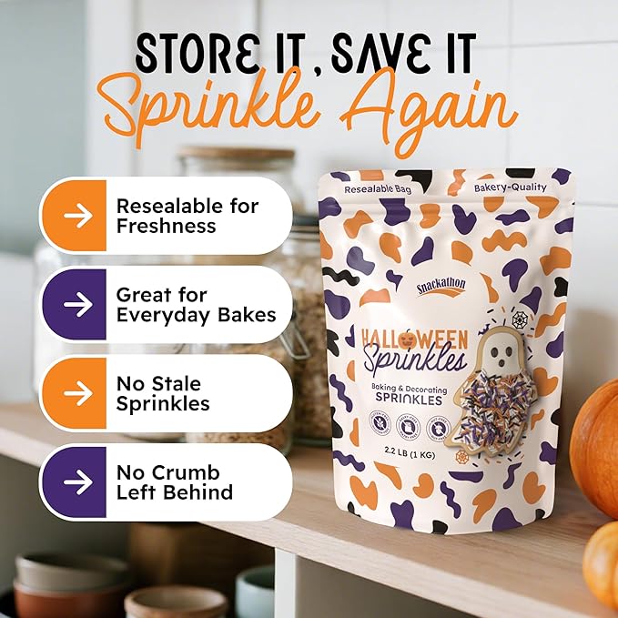Snackathon Sprinkles for Baking & Decorating, Halloween Sprinkles, 2.2 LB Bulk Spooky Jimmies in Resealable Pouch – Orange, Black, Purple & White Colors for Cupcakes, Cookies, and Treats