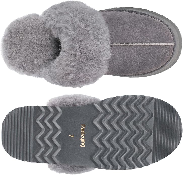 Parfeying Women's Sheepskin House Slippers Indoor Outdoor Shearling Shoes for Women