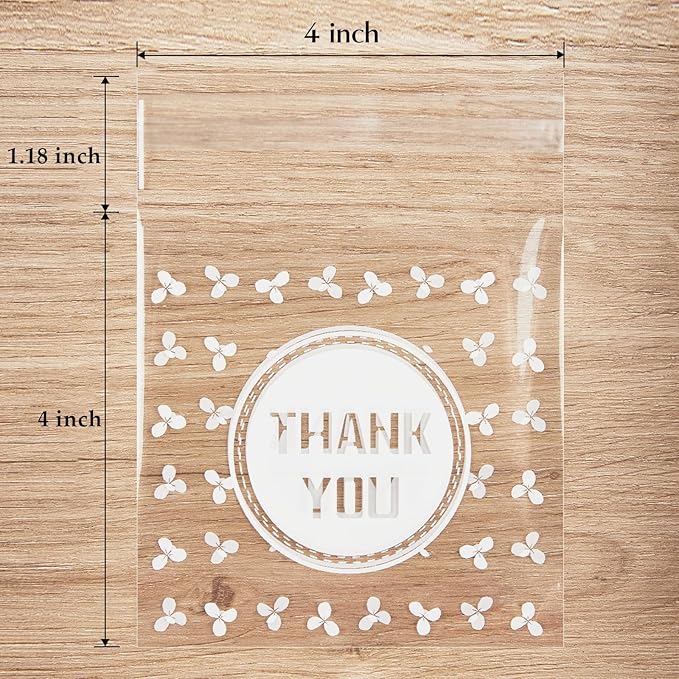 Jutieuo 100pcs Self Adhesive Thank You Cookie Bags, 4x4 Inch Small Clear Cellophane Bags for Packaging, Party Favor, Bake Sale, Gift Giving