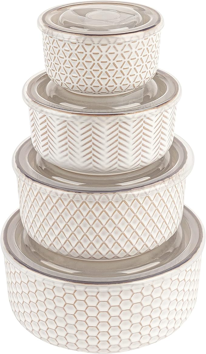 KooK Mixing Bowls, with Lids, Ceramic Nesting Bowls. Space Saving, Set of 4, Embossed, Kitchen, Prep, Stackable, Mix, Gift, Microwave and Dishwasher Safe, 10/16/29/47 oz, Narbonne Collection (Ivory)