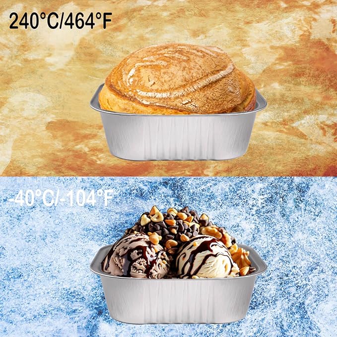10oz Mini Cake Pans With Lids 50 Pack,Aluminum Foil Square Brownie Baking Cups,4”x4” Disposable Loaf Pans With Lids and Spoons Stickers,Large Cupcake Pans Muffin Cake Tins Cake Container(Silver)