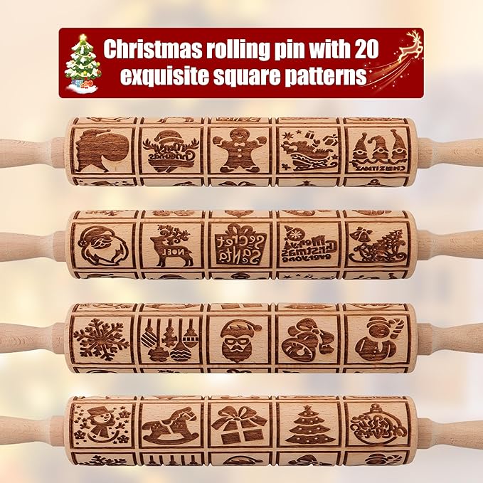 17" Premium Wooden Rolling Pins for Baking with Christmas Embossed Designs | 3mm Deep Springerle Cookie Molds | Christmas Rolling Pin & Baking Gifts for Women | Includes 3-in-1 Cleaning Brush