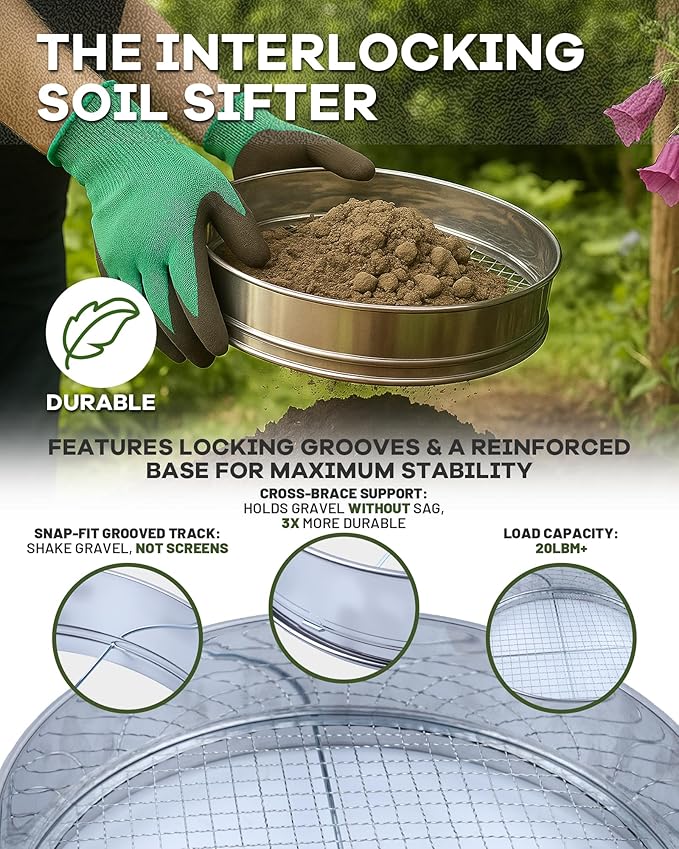 5-in-1 Soil Sifter Set with 5 Replaceable Stainless Steel Mesh Screen & Shovel (1/8" - 1/2"), Soil Sifter for Soils, Compost, Bonsai etc. (11-5/8" Diameter) (15-in-1 Sets)