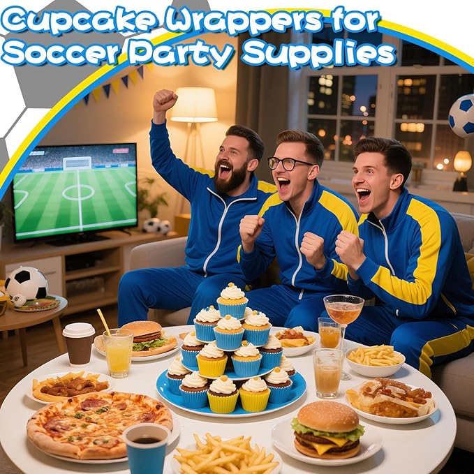200PCS Blue and Yellow Cupcake Liners Muffin Baking Cups Wrappers for Yellow and Blue Birthday Party Supplies Disposable Pastel Cupcake Papers for Sports Theme Soccer Birthday Party Decorations