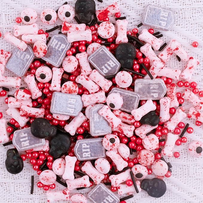 LEBERY Candy Eyeballs Edible Eyes Halloween Sprinkle Skull Dog Bones Sprinkles Candy Eyes Black Red Sprinkle Edible Eyeballs Skull Cake Decorations for Halloween Cake Cupcakes Cookie - 3.35 OZ