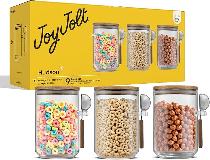 JoyJolt Holden 32oz Stackable Glass Storage Containers with Lids and Scoops, Airtight Food Canister Set of 3 w/Acacia Wood Lids, Round Stacking Pantry and Kitchen Containers w/Scoop | Clear