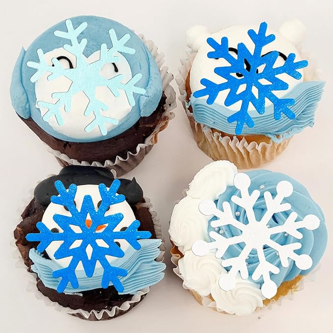 Gyufise 60Pcs Edible Snowflake Cupcake Toppers Winter Cupcake Picks Water Paper Winter Frozen Cake Decorations for Snowflake Theme Baby Shower Kids Birthday Party Supplies Light Blue White
